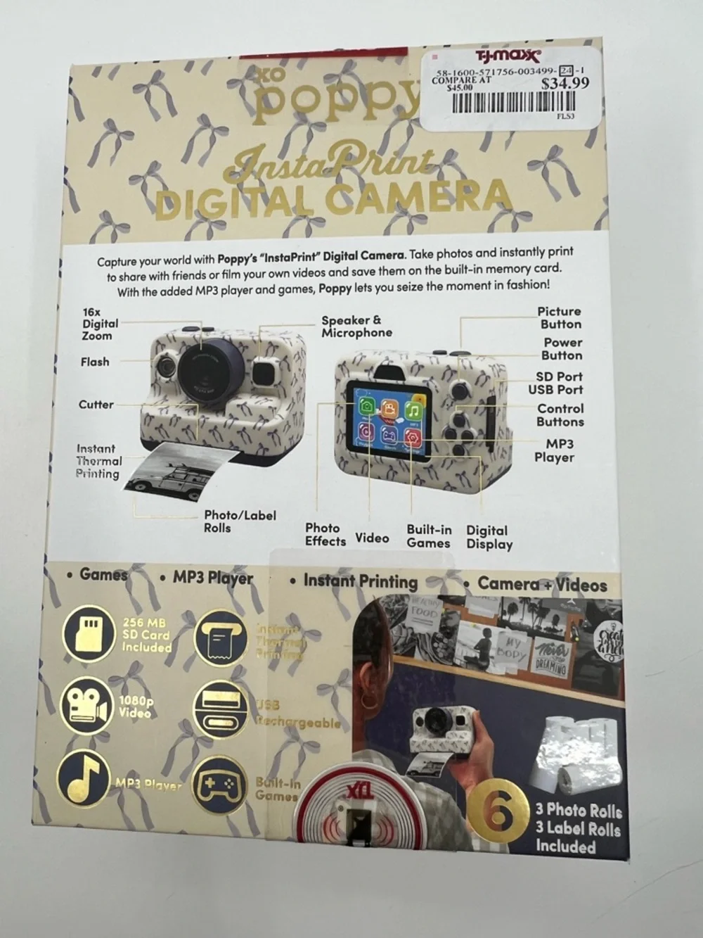 NIB XO Poppy White Digital insta-print Camera with Blue ribbon Accents